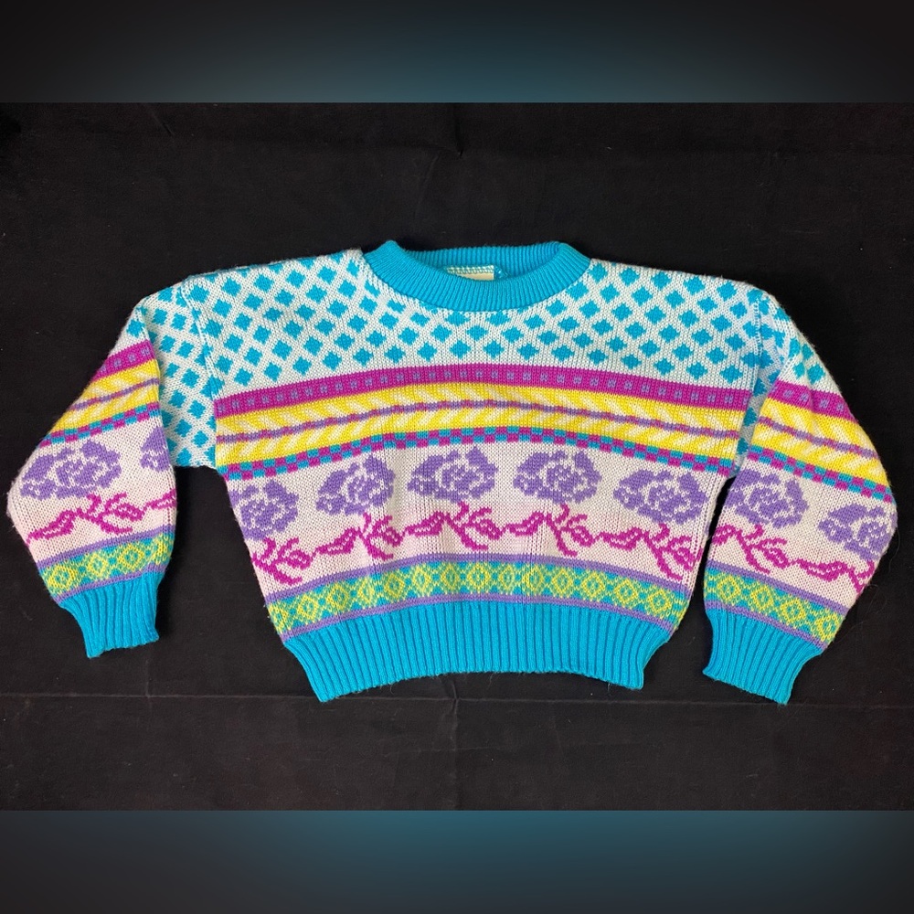 VINTAGE Rainbow Connection Sweater Girls Toddler 3T Purple Roses Blue Yellow 80s